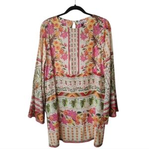 NWT Celina Moon Mixed Print Bell Sleeve Boho Tunic Mini Dress Pockets Large